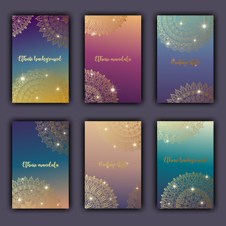 Card set with floral glowing decorative mandala elements background. Asian Indian oriental ornate banners.のイラスト素材
