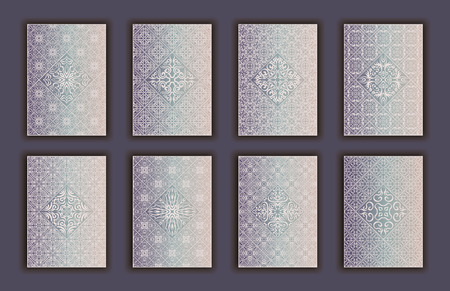 Card set with mosaic lace decorative elements background. Asian Indian oriental ornate banners.のイラスト素材