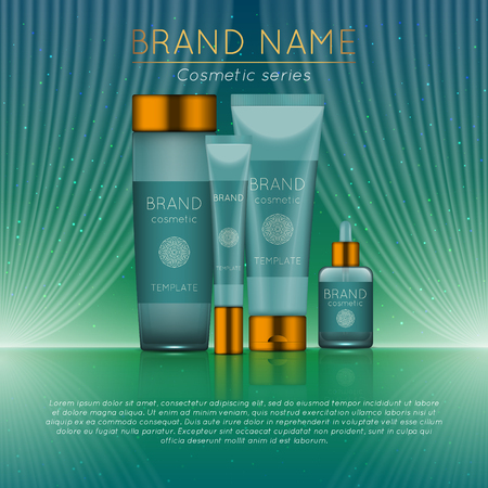 3D realistic cosmetic bottle ads template. Cosmetic brand advertising concept design with wavy light abstract background.のイラスト素材