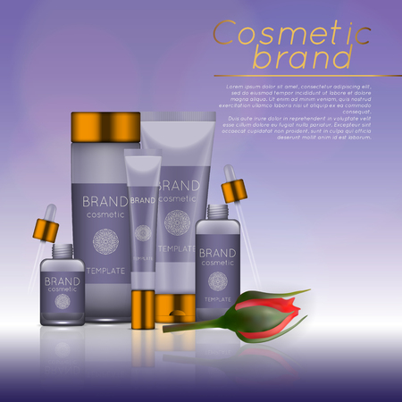 Vector 3D cosmetic illustration with rose and bokeh background. Beauty realistic cosmetic product design templateのイラスト素材