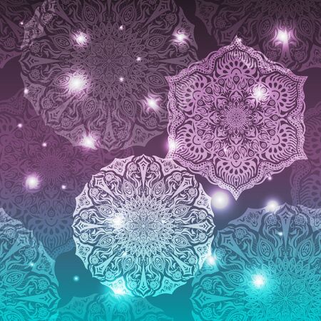Ornate floral seamless texture, endless pattern with glowing bright mandala elements.のイラスト素材