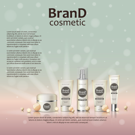 3D realistic cosmetic bottle ads template. Cosmetic brand advertising concept design on glowing background with pearls and sparkles.のイラスト素材