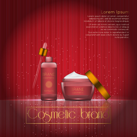 3D realistic cosmetic bottle ads template. Cosmetic brand advertising concept design with glowing sparkles on abstract texture background.のイラスト素材