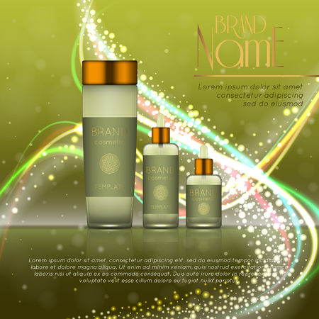 3D realistic cosmetic bottle ads template. Cosmetic brand advertising concept design with glitters and bokeh background.のイラスト素材