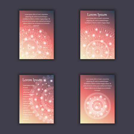 Card set with floral glowing decorative mandala elements background. Asian Indian oriental ornate banners.のイラスト素材