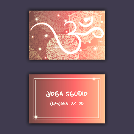 Business card for yoga studio or yoga instructor. Ethnic background with mandala ornament and ohm.のイラスト素材