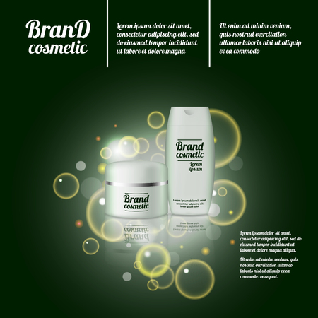 3D realistic cosmetic bottle ads template. Cosmetic brand advertising concept design with bubbles and sparkles.のイラスト素材