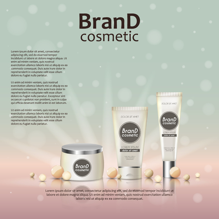 3D realistic cosmetic bottle ads template. Cosmetic brand advertising concept design on glowing background with pearls and sparkles.のイラスト素材