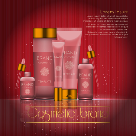 3D realistic cosmetic bottle ads template. Cosmetic brand advertising concept design with glowing sparkles on abstract texture background.のイラスト素材