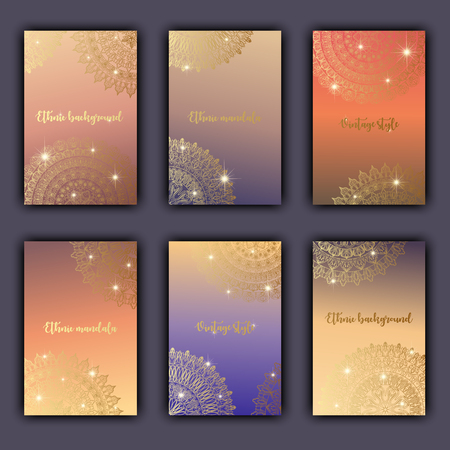 Card set with floral glowing decorative mandala elements background. Asian Indian oriental ornate banners.のイラスト素材