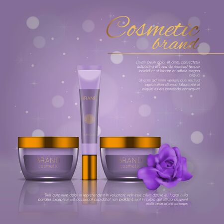 Vector 3D cosmetic illustration with rose and bokeh background. Beauty realistic cosmetic product design templateのイラスト素材