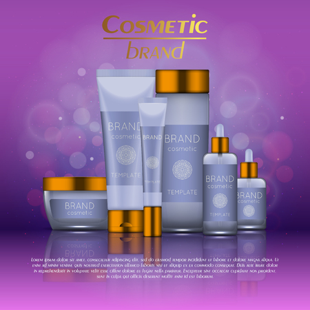 Vector 3D cosmetic illustration on a soft light blurred background with bokeh. Beauty realistic cosmetic product design templateのイラスト素材