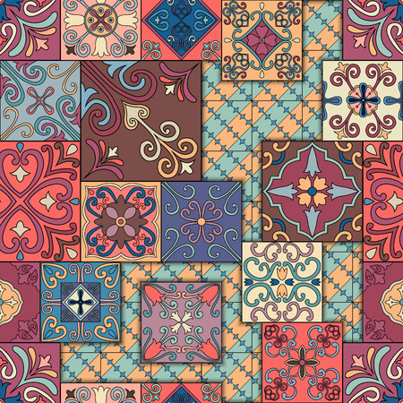 Seamless pattern with portuguese tiles in talavera style. Azulejo, moroccan, mexican ornamentsのイラスト素材