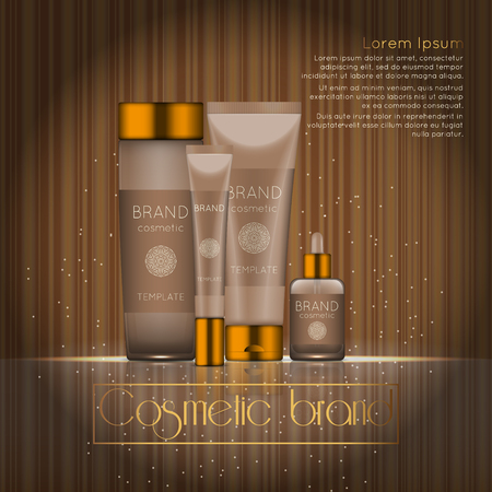 3D realistic cosmetic bottle ads template. Cosmetic brand advertising concept design with glowing sparkles on abstract texture background.のイラスト素材