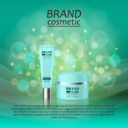 3D realistic cosmetic bottle ads template. Cosmetic brand advertising concept design with glitters and bokeh background.のイラスト素材