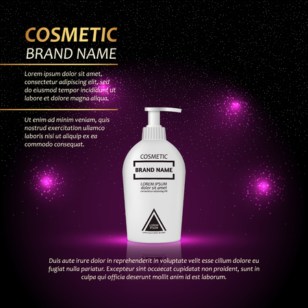 3D realistic cosmetic bottle ads template. Cosmetic brand advertising concept design with abstract glowing lights and sparkles background.のイラスト素材