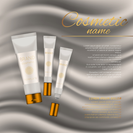Vector 3D cosmetic illustration on a soft silk background. Beauty realistic cosmetic product design templateのイラスト素材
