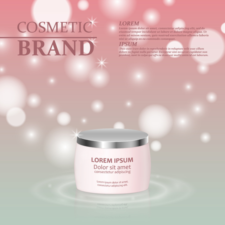 3D realistic cosmetic bottle ads template. Cosmetic brand advertising concept design with glitters and bokeh background.のイラスト素材