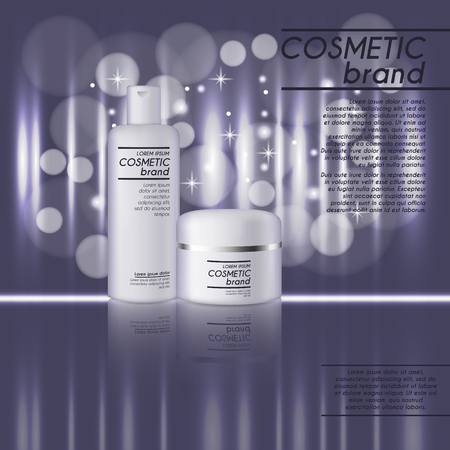 3D realistic cosmetic bottle ads template. Cosmetic brand advertising concept design with glitters and bokeh background.のイラスト素材