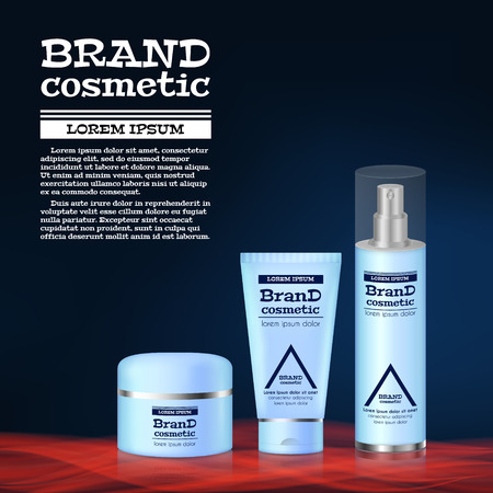 3D realistic cosmetic bottle ads template. Cosmetic brand advertising concept design with abstract glowing waves.のイラスト素材