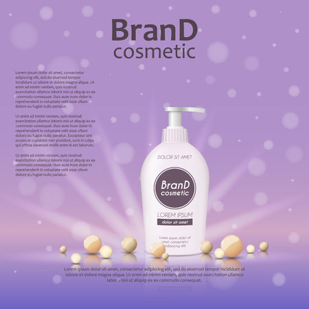 3D realistic cosmetic bottle ads template. Cosmetic brand advertising concept design on glowing background with pearls and sparkles.のイラスト素材