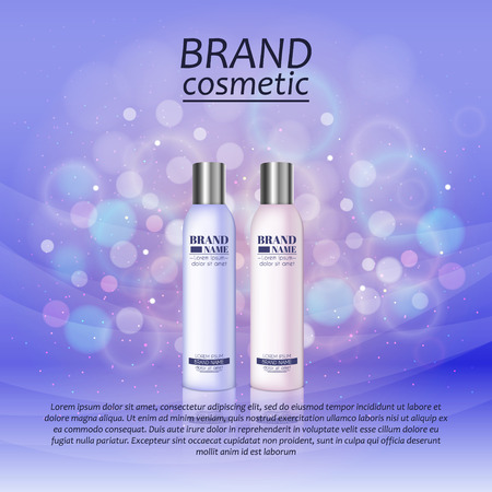 3D realistic cosmetic bottle ads template. Cosmetic brand advertising concept design with glitters and bokeh background.のイラスト素材