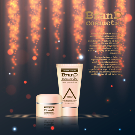 3D realistic cosmetic bottle ads template. Cosmetic brand advertising concept design with glitters and bokeh background.のイラスト素材