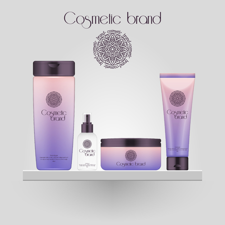 Set of realistic gradient color cosmetic bottle. 3D mockup bottle isolated on white background. Cosmetic products packageのイラスト素材