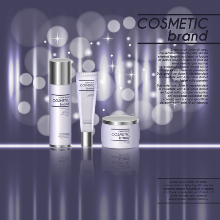 3D realistic cosmetic bottle ads template. Cosmetic brand advertising concept design with glitters and bokeh background.のイラスト素材