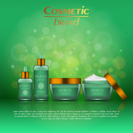 Vector 3D cosmetic illustration on a soft light blurred background with bokeh. Beauty realistic cosmetic product design templateのイラスト素材