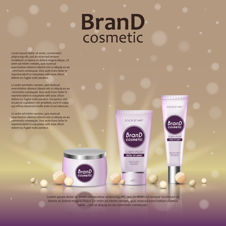 3D realistic cosmetic bottle ads template. Cosmetic brand advertising concept design on glowing background with pearls and sparkles.のイラスト素材