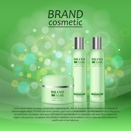 3D realistic cosmetic bottle ads template. Cosmetic brand advertising concept design with glitters and bokeh background.のイラスト素材