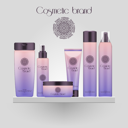 Set of realistic gradient color cosmetic bottle. 3D mockup bottle isolated on white background. Cosmetic products packageのイラスト素材