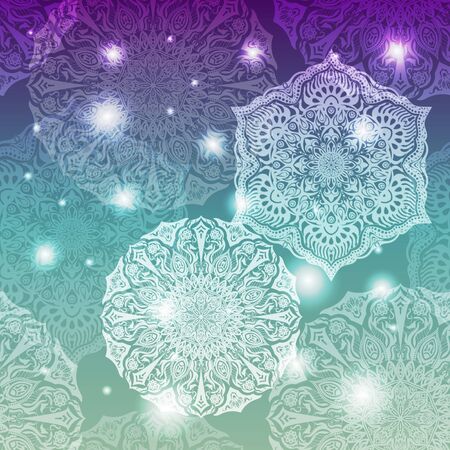 Ornate floral seamless texture, endless pattern with glowing bright mandala elements.のイラスト素材