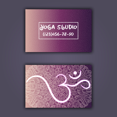 Business card for yoga studio or yoga instructor. Ethnic background with mandala ornament and ohm.のイラスト素材