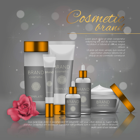 3D cosmetic illustration with rose and bokeh background. Beauty realistic cosmetic product design templateのイラスト素材