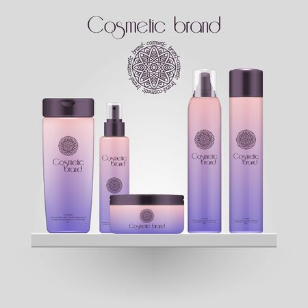 Set of realistic gradient color cosmetic bottle. 3D mockup bottle isolated on white background. Cosmetic products packageのイラスト素材