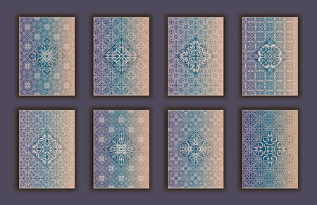 Card set with mosaic lace decorative elements background. Asian Indian oriental ornate banners.のイラスト素材