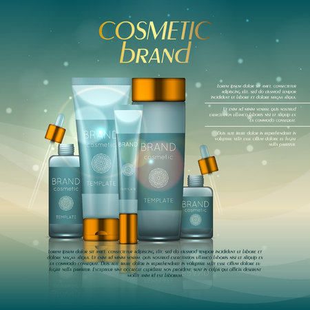 Vector 3D cosmetic illustration on a soft light background with flare effects. Beauty realistic cosmetic product design templateのイラスト素材