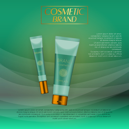 Vector 3D cosmetic illustration on a soft light waves background . Beauty realistic cosmetic product design templateのイラスト素材