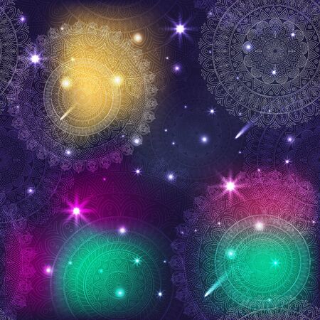 Ornate floral seamless texture, endless pattern with glowing bright mandala elements.のイラスト素材