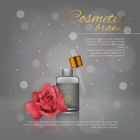 Vector 3D cosmetic illustration with rose and bokeh background. Beauty realistic cosmetic product design templateのイラスト素材