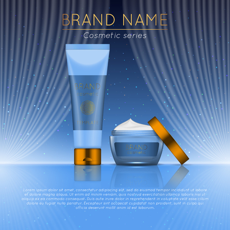 3D realistic cosmetic bottle ads template. Cosmetic brand advertising concept design with wavy light abstract background.のイラスト素材