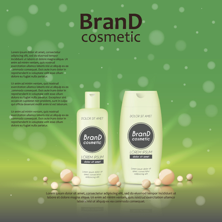 3D realistic cosmetic bottle ads template. Cosmetic brand advertising concept design on glowing background with pearls and sparkles.のイラスト素材