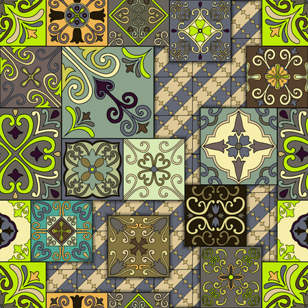 Seamless pattern with Portuguese tiles in talavera style. Azulejo, Moroccan, Mexican ornaments.のイラスト素材
