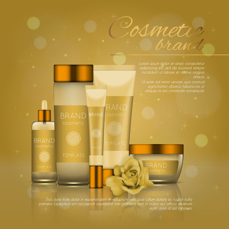 Vector 3D cosmetic illustration with rose and bokeh background. Beauty realistic cosmetic product design templateのイラスト素材