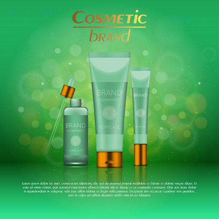 Vector 3D cosmetic illustration on a soft light blurred background with bokeh. Beauty realistic cosmetic product design templateのイラスト素材
