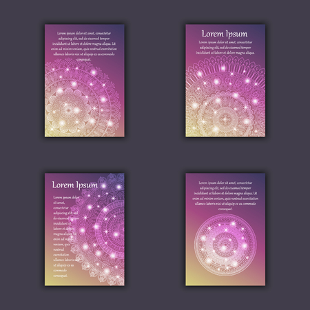 Card set with floral glowing decorative mandala elements background. Asian Indian oriental ornate banners.のイラスト素材