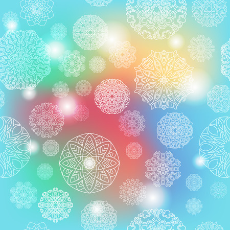 Ornate floral seamless texture, endless pattern with glowing bright mandala elements.のイラスト素材
