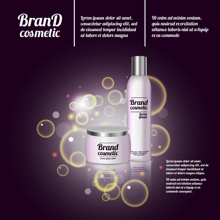 3D realistic cosmetic bottle ads template. Cosmetic brand advertising concept design with bubbles and sparkles.のイラスト素材